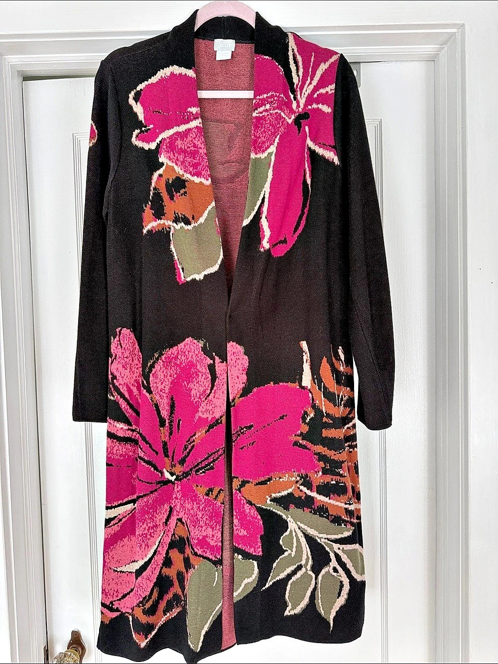 Chico's Floral Open Front Cardigan Black Pink Size 1